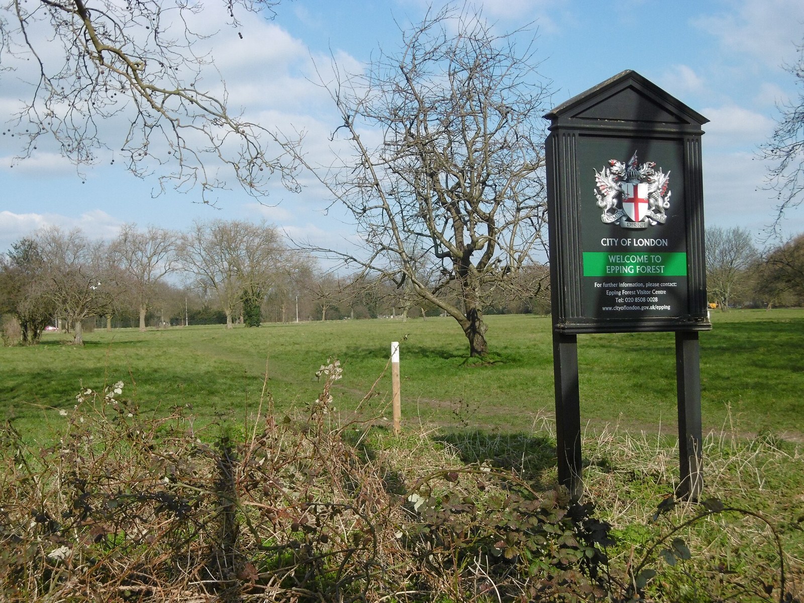 Open grassland on Wanstead Flats, with a City of London Corporation sign in the foreground
