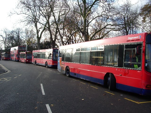 Buses waiting at the Woodbine Place bus stand