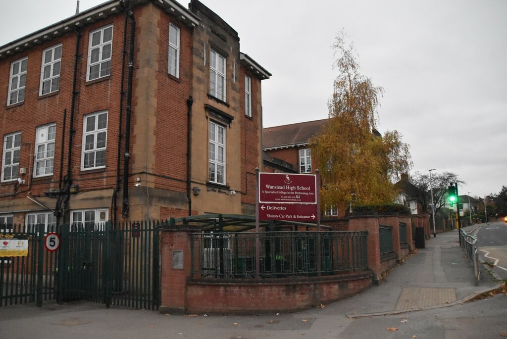 Wanstead High School’s main building and gates on the corner of the road