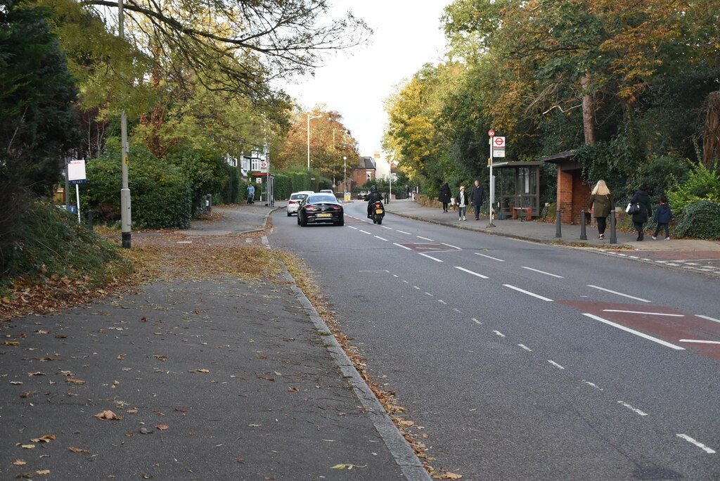 Hermon Hill in Wanstead, with a bus stop and shelter on the right and autumn leaves along the kerb